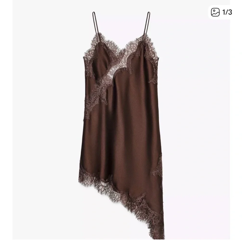 ZARA BROWN SATIN ASYMMETRICAL DRESS (S) BNWT - Picture 4 of 5